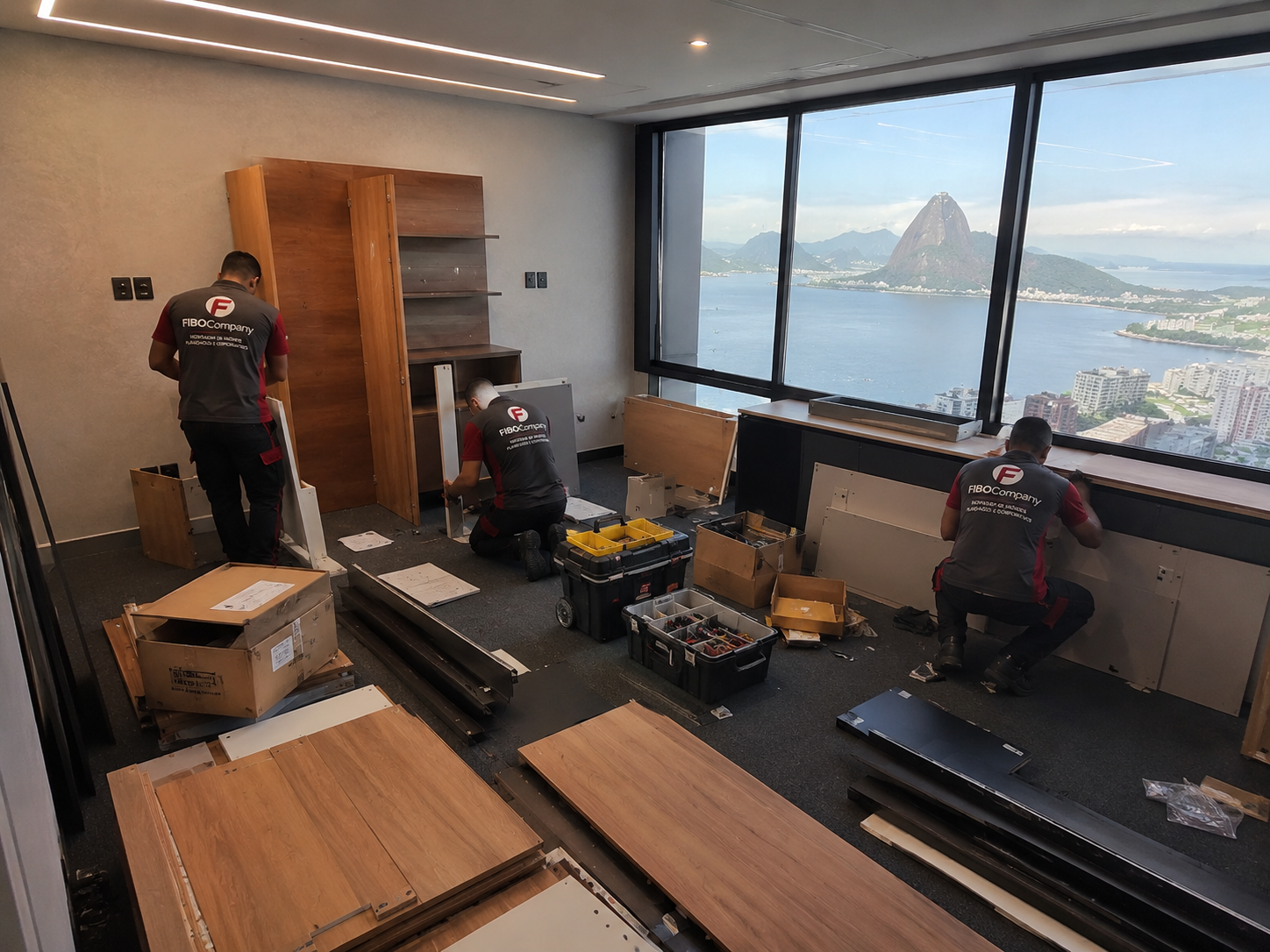 Equipe da FIBOCompany realizando montagem de móveis corporativos em escritório