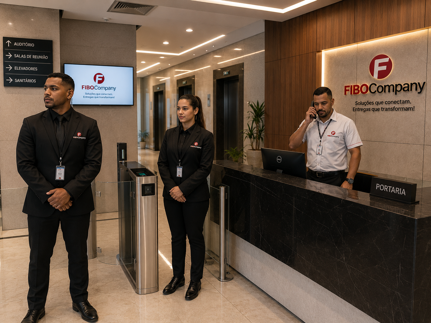 Portaria FIBOCompany com equipe uniformizada na recepção e catraca