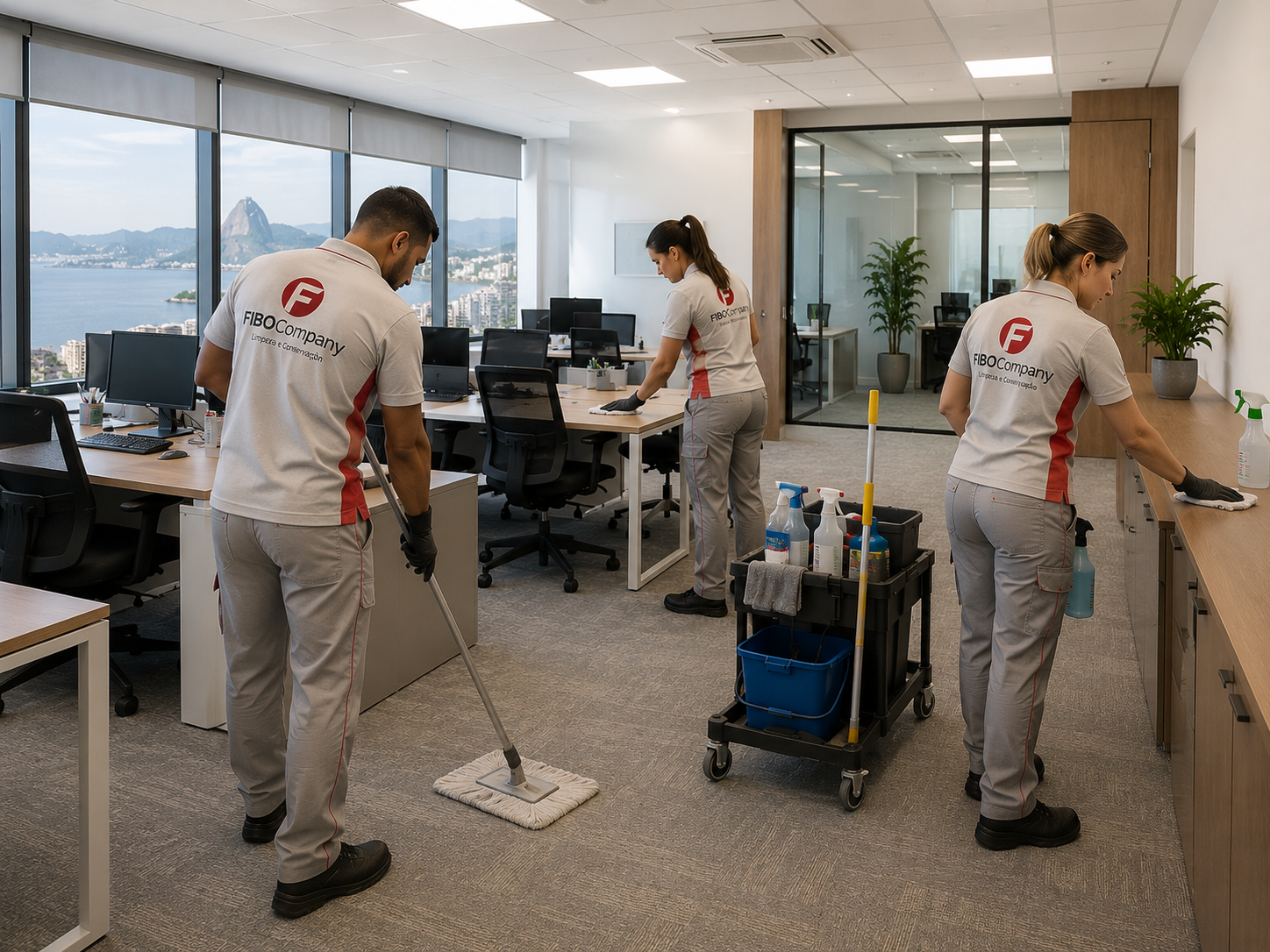 Equipe ASG da FIBOCompany executando limpeza corporativa em escritório