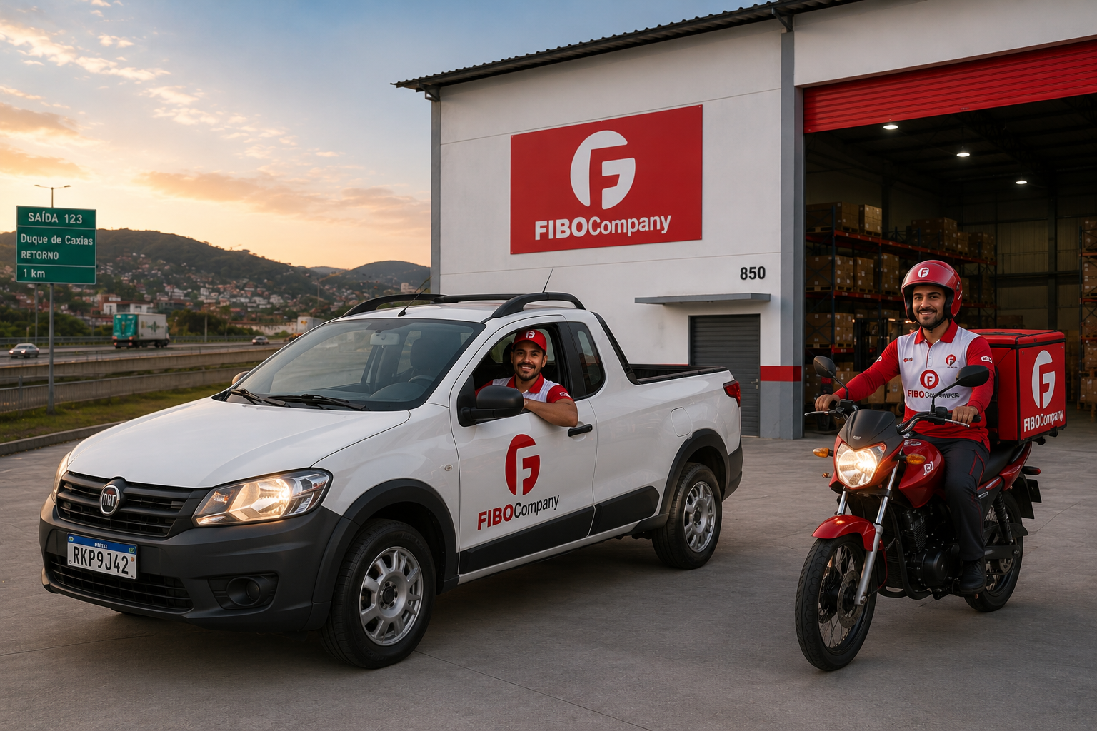 VW Saveiro da FIBOCompany ao lado de moto de entrega em frente ao galpão
